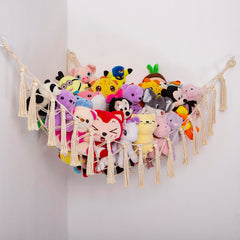 YKBU stuffed animals hammock corner net in cream offers space-saving plush toy storage