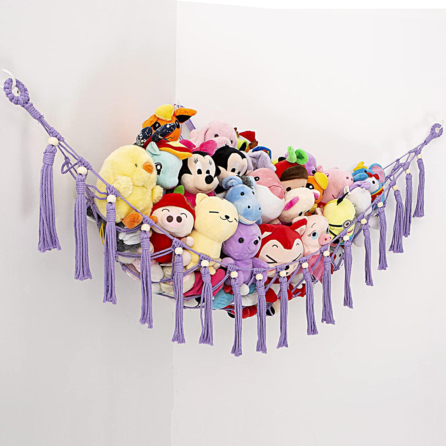 YKBU stuffed animals hammock corner net in purple shows space-saving display