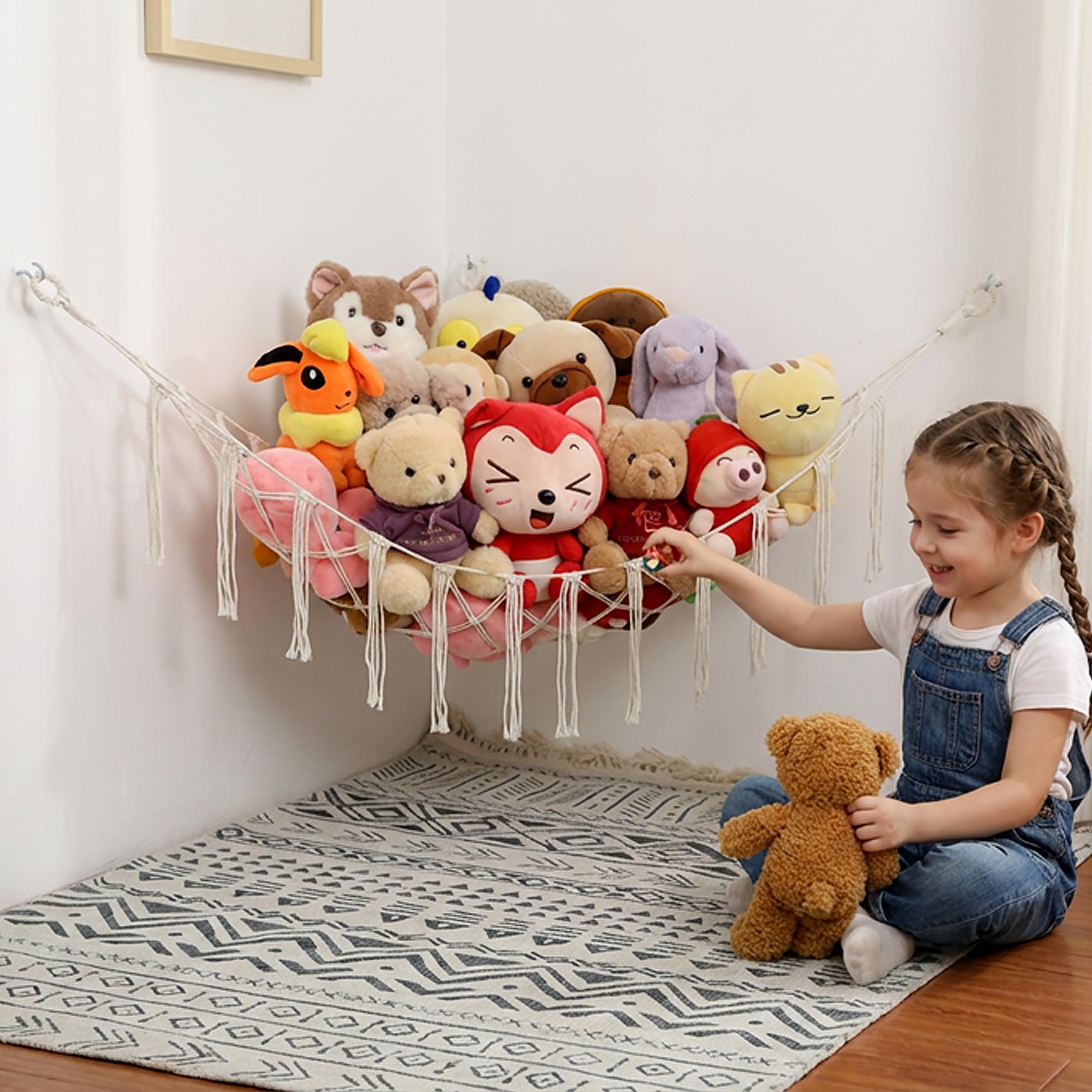 YKBU stuffed animals hammock corner display keeps plush toys neatly organized in a corner.