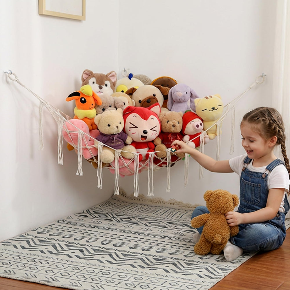 YKBU stuffed animals hammock corner display keeps plush toys neatly organized in a corner.