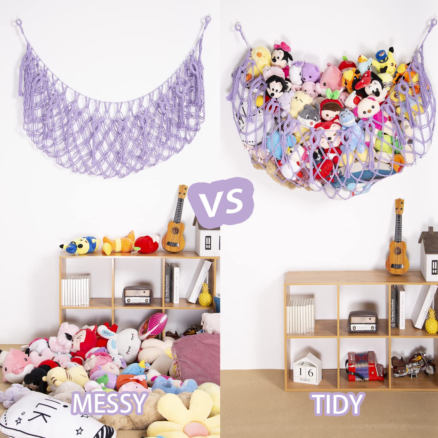 YKBU wall-mounted purple plush toy hammock for clutter-free playroom.