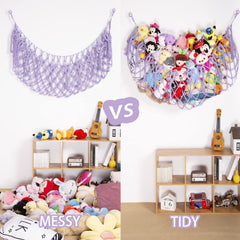 YKBU wall-mounted purple plush toy hammock for clutter-free playroom.