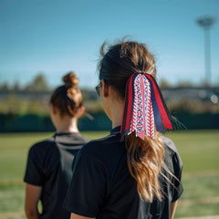 YKW red ribbon with white stitching hair tie boosts visible team spirit