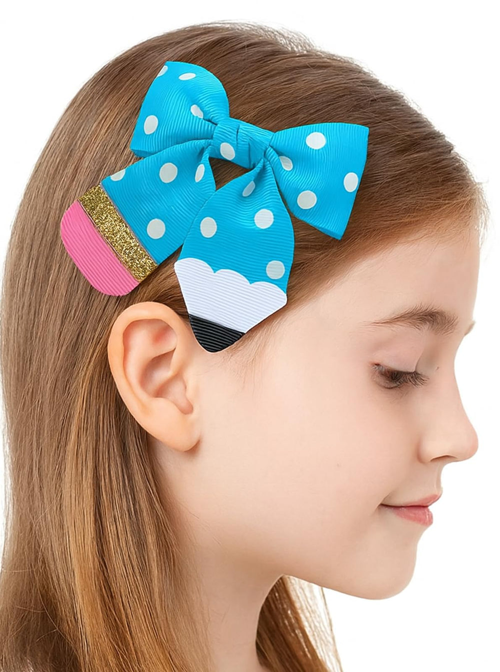 YKW blue polka dot pencil bow clip metal fastener securing hair during activities