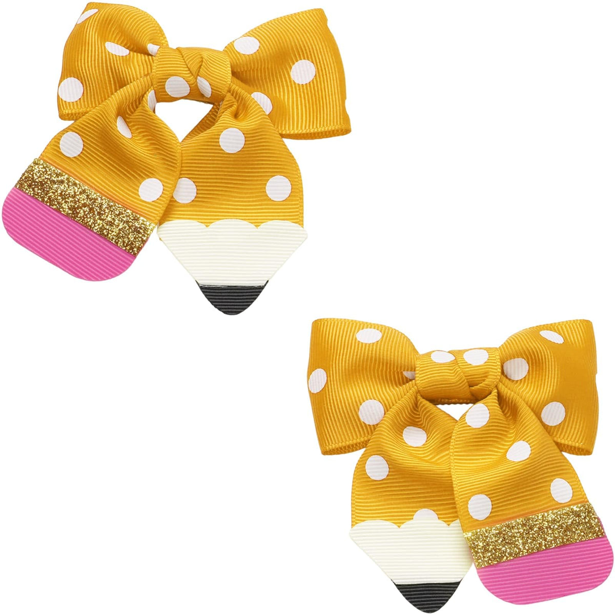 YKW Yellow Polka Dot Pencil Bow Clip front view—great for first-day excitement and school uniforms.