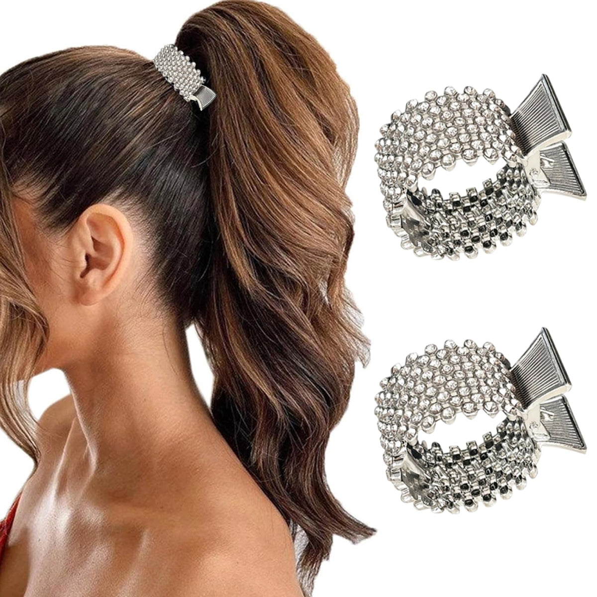 YLOIJO rhinestone ponytail clip side view showing secure grip for high ponytails