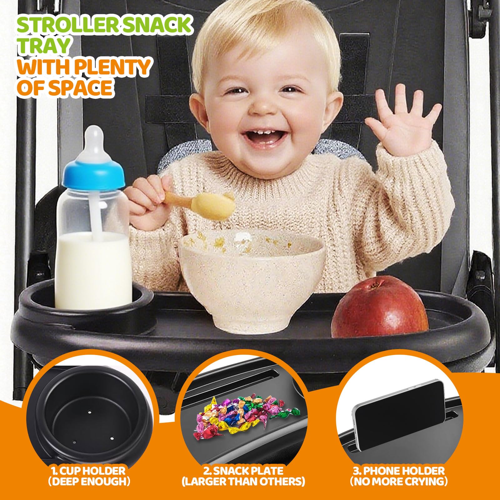 YMGN stroller snack tray 3in-1 design highlights integrated snack, cup, and phone slots
