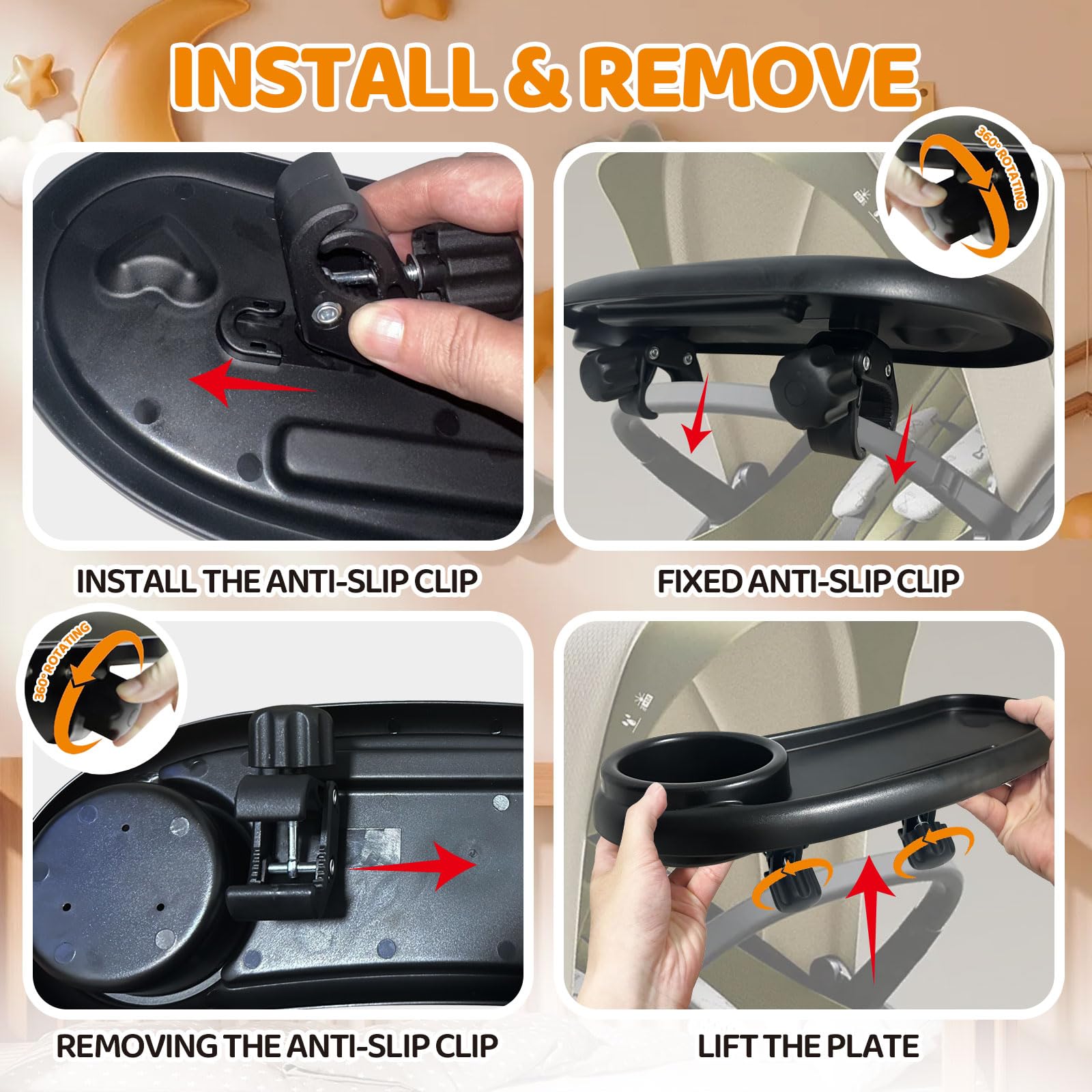 YMGN stroller snack tray tool-free installation ensures quick setup