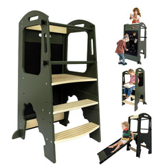 Ymonlia toddler step stool front view shows sturdy natural wood for safe kitchen independence