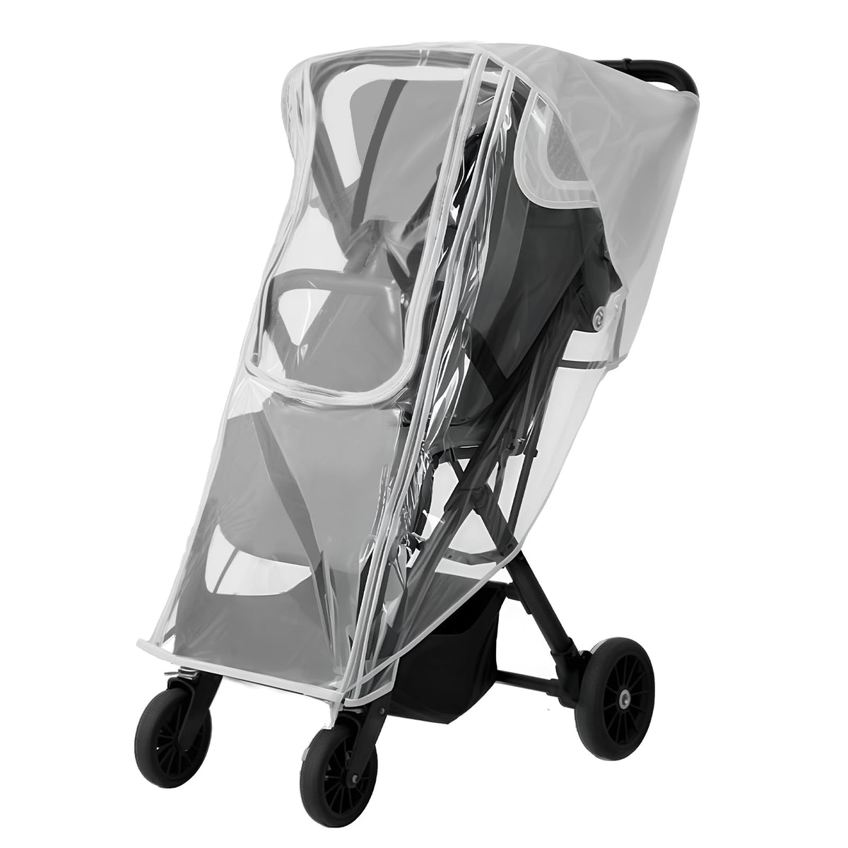 Yoamez Nuna MIXX rain cover fits snugly over the stroller for rain protection.