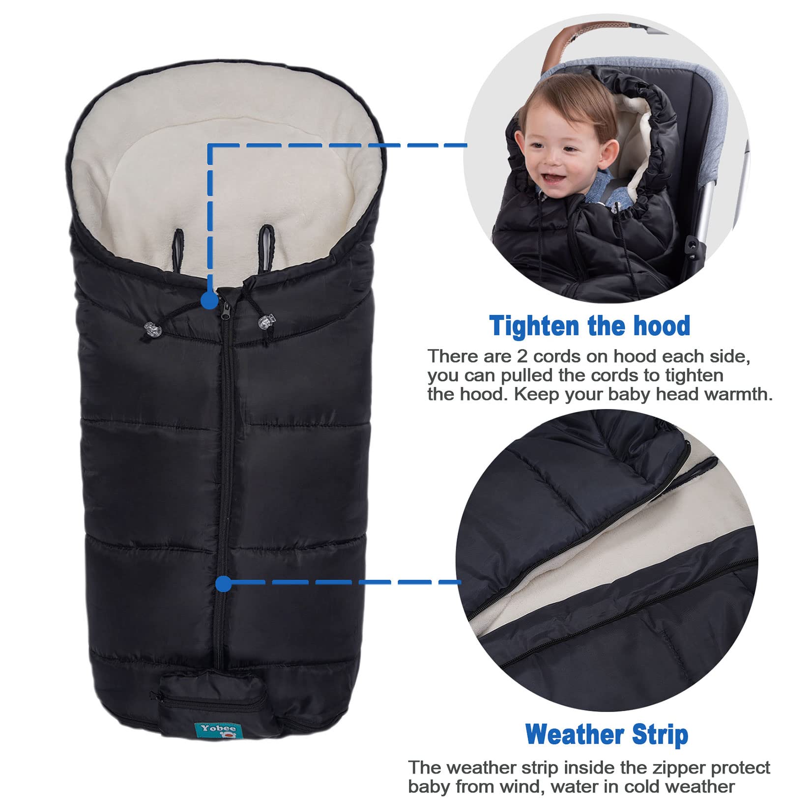 Yobee bunting bag anti-slip back secures seat during strolls for safety.