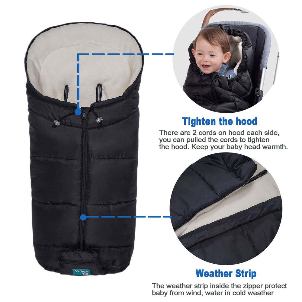 Yobee bunting bag anti-slip back secures seat during strolls for safety.