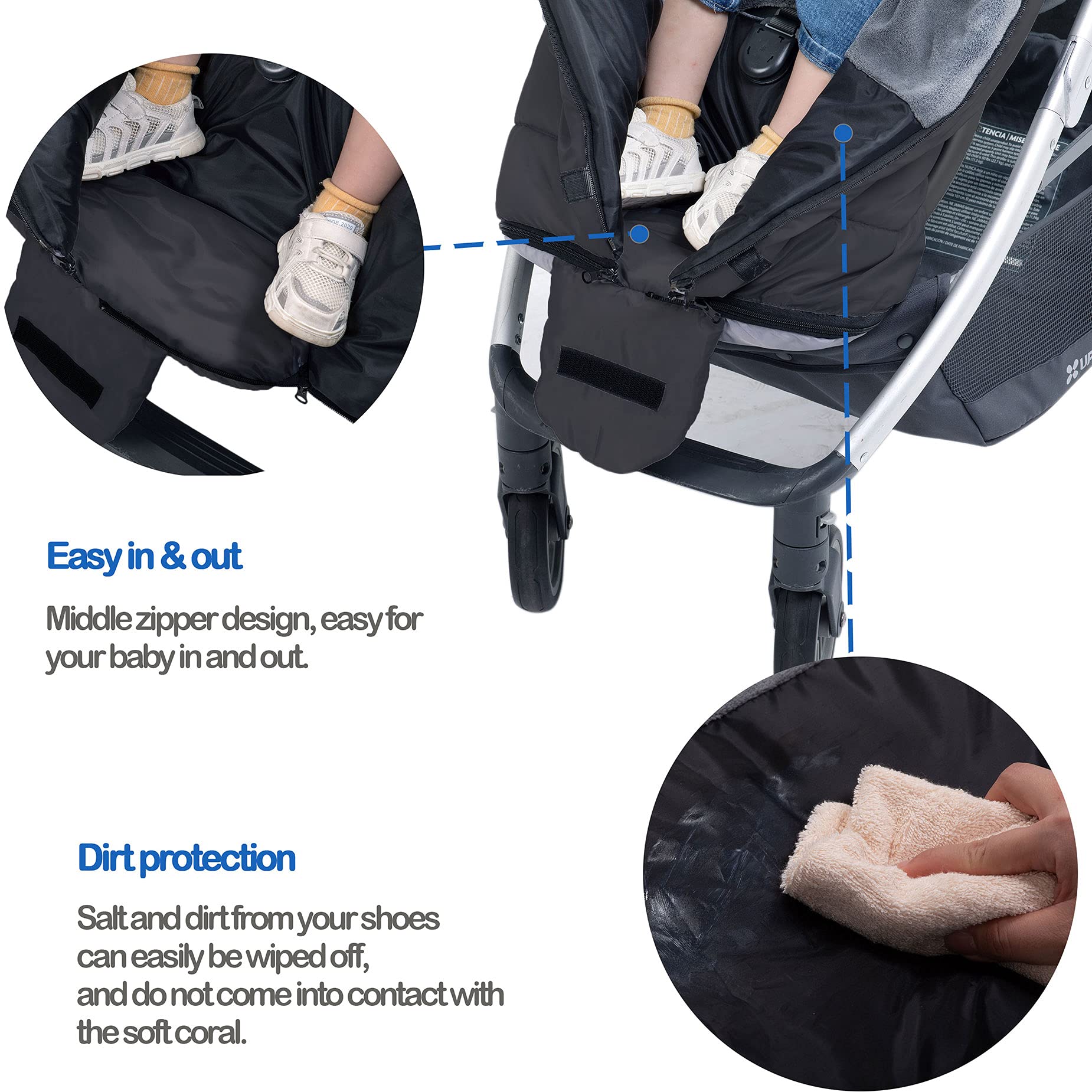 Yobee Footmuff attachment cords secure the bag to a stroller.