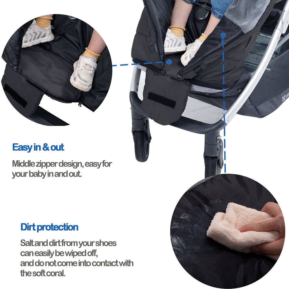 Yobee Footmuff attachment cords secure the bag to a stroller.