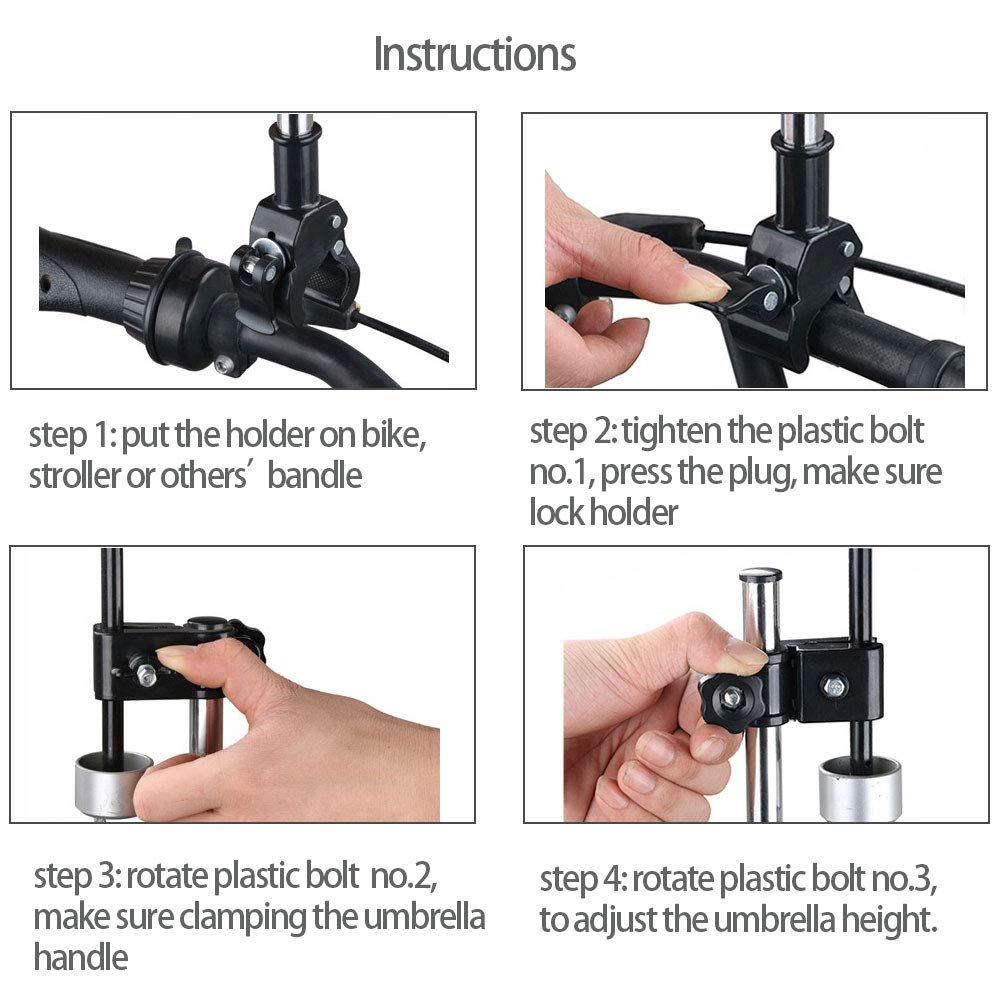 Yobee umbrella mount attached to a wheelchair handle showing secure attachment.