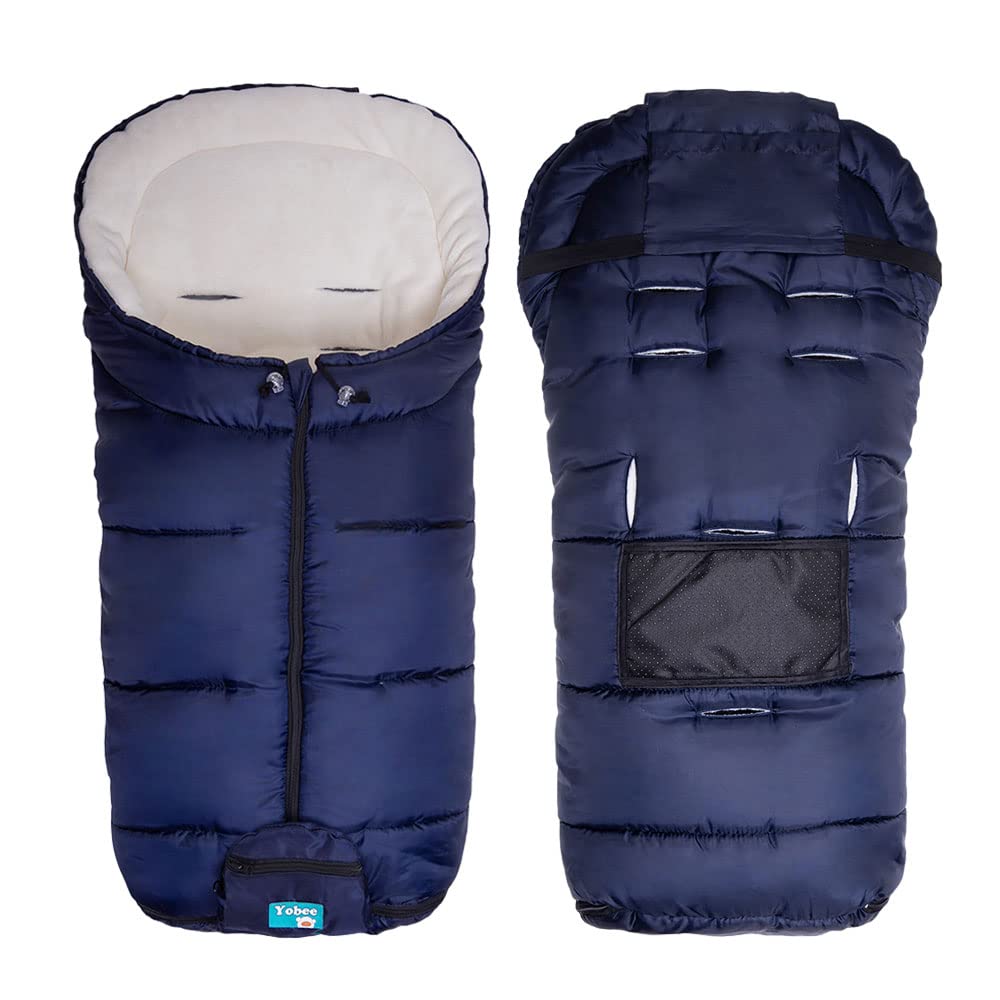 Yobee navy-footmuff offers stylish warmth during winter stroller walks.