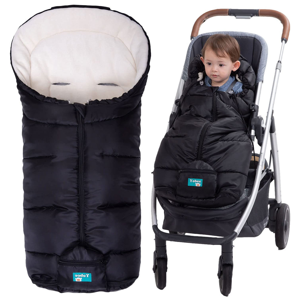 Yobee footmuff front view showing weatherproof exterior for cold weather strolls