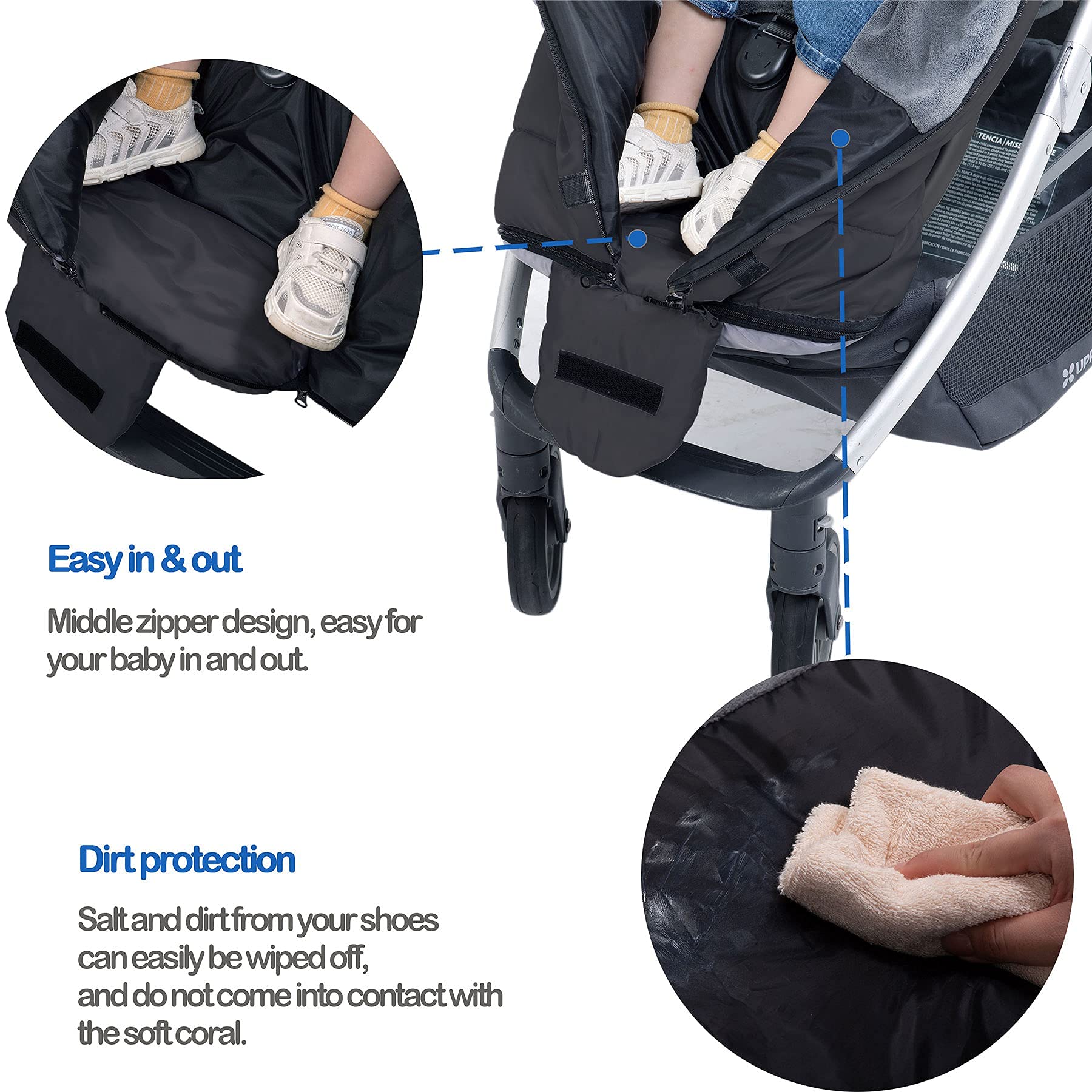 Yobee hood cords tightened to seal warmth around baby