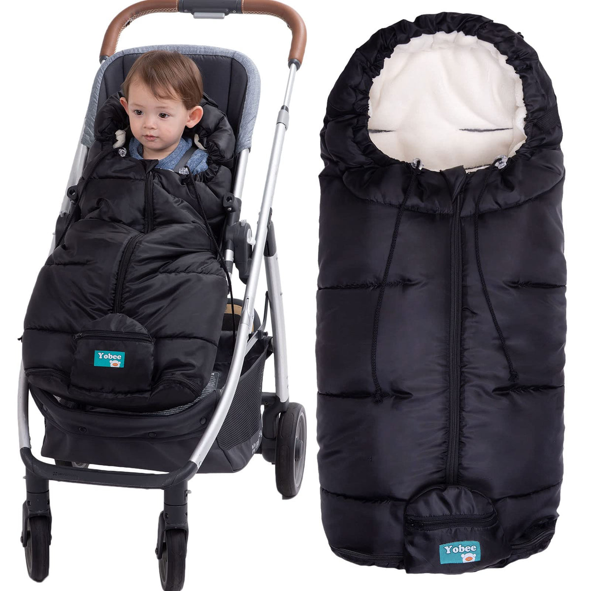 Yobee Weatherproof Toddler Footmuff exterior keeps baby warm on stroller rides.
