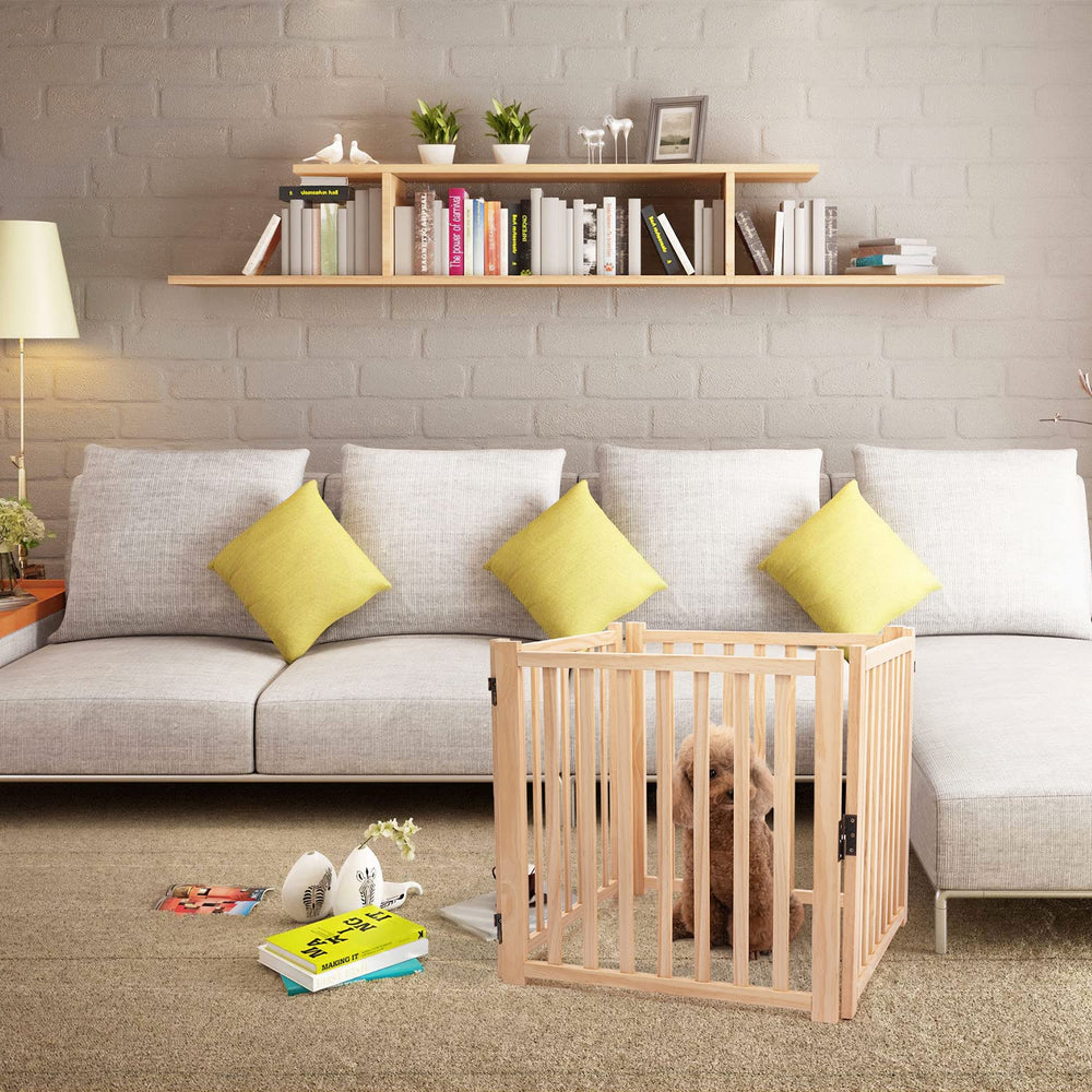 YOCAN paint-free wooden dog gate open width demonstrates wide barrier for medium pets.