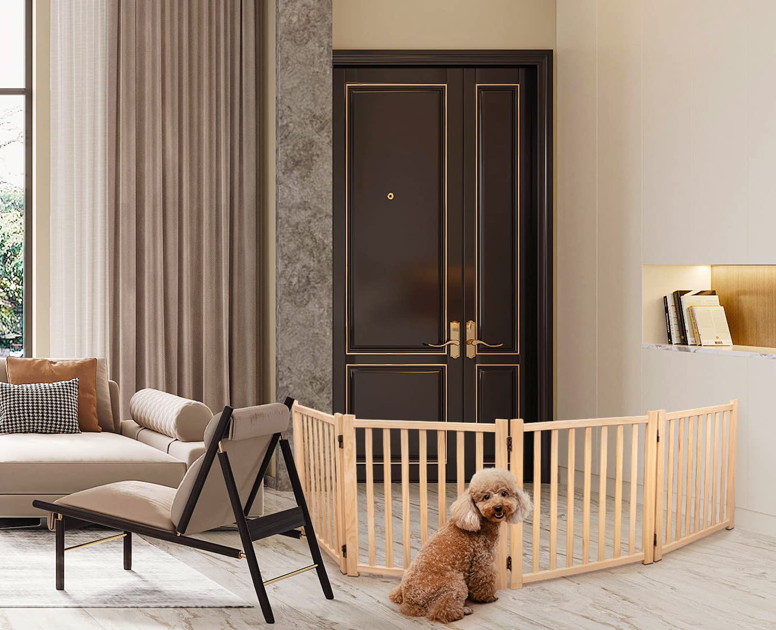 YOCAN paint-free wooden dog gate indoor setup fits living rooms for pet separation.