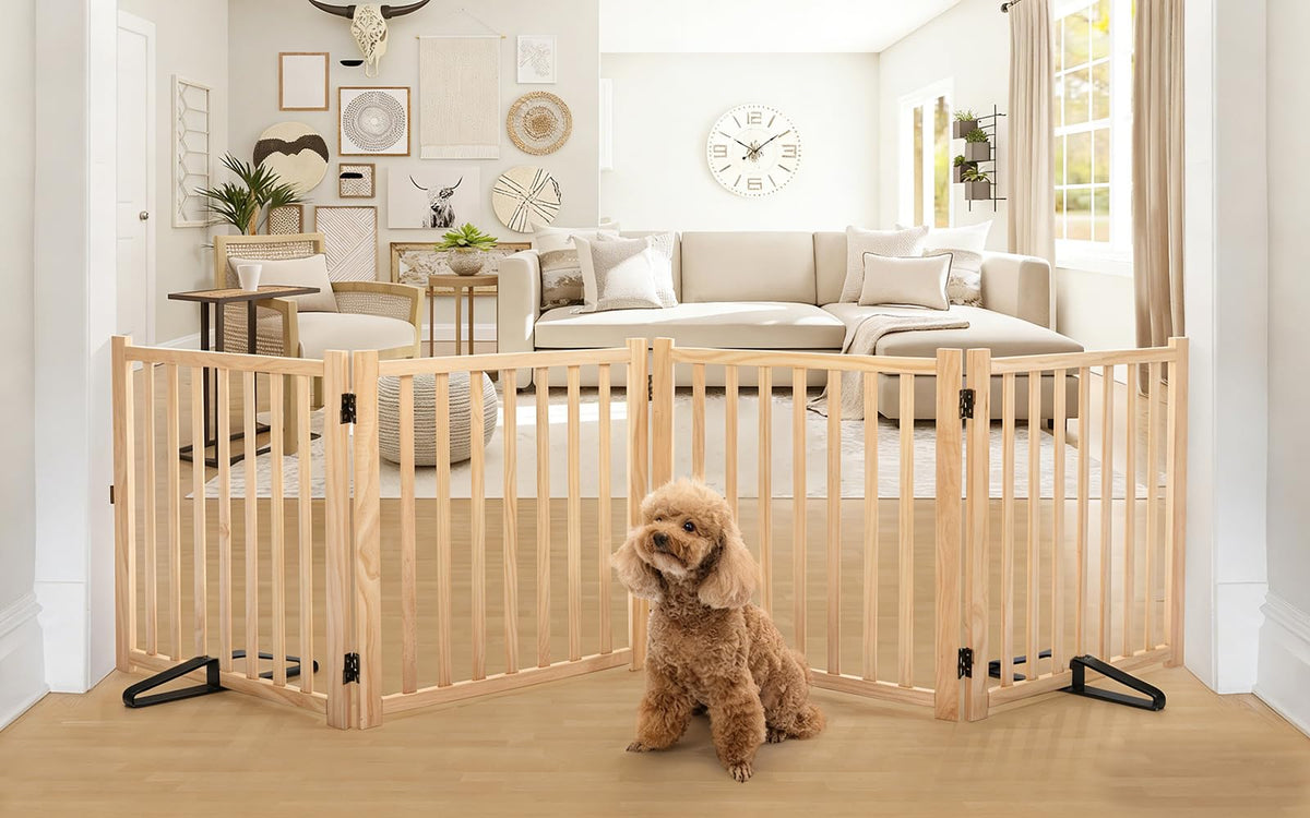YOCAN paint-free wooden dog gate panel-assembly provides a sturdy doorway barrier for pets.