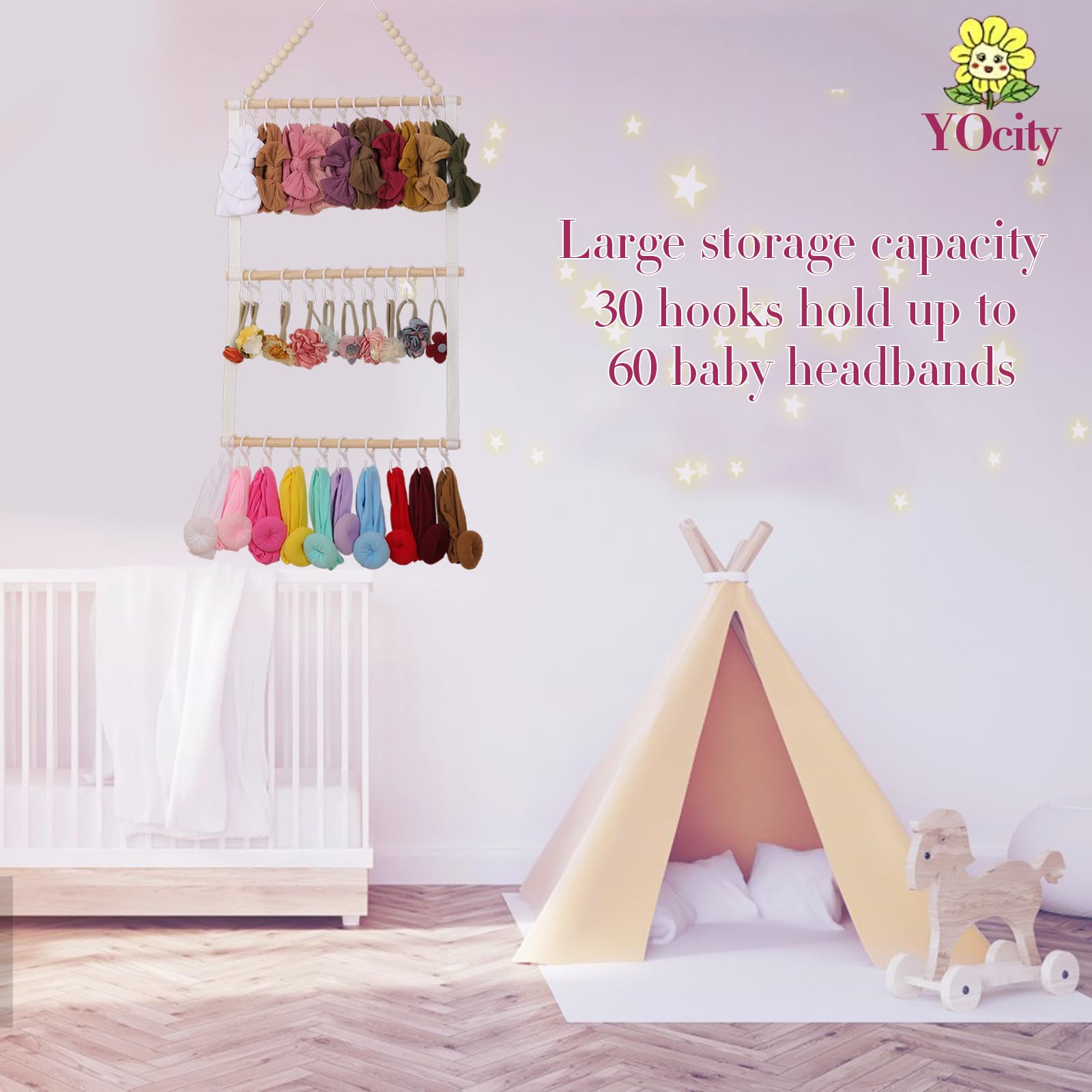 YOcity headband holder in-use on wall demonstrates space-saving display.
