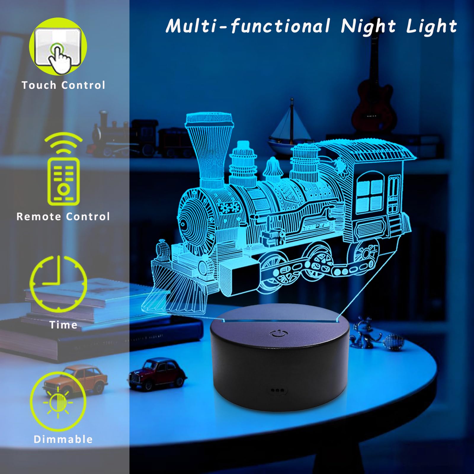 YODAFOOR 3D Steam Train Illusion Lamp highlights soft color changes for relaxation.