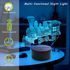 YODAFOOR 3D Steam Train Illusion Lamp highlights soft color changes for relaxation.