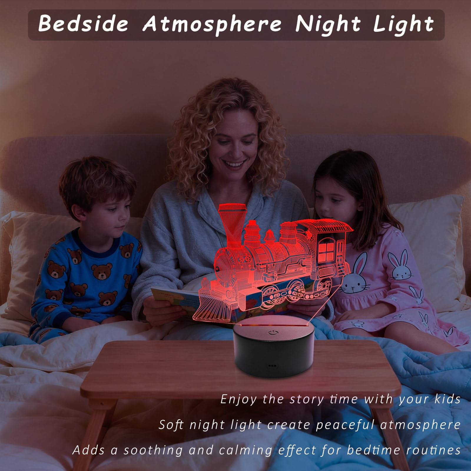 YODAFOOR Bedside Train Night Light enhances room ambiance on a nightstand.
