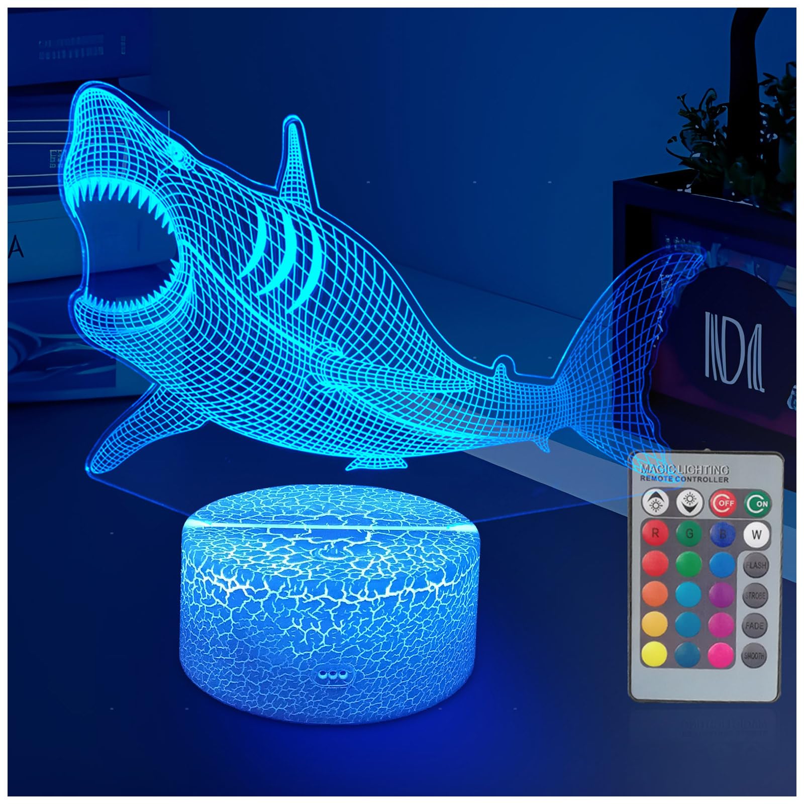YODAFOOR Megalodon night light shows a 3D illusion with etched acrylic panel in a dark room