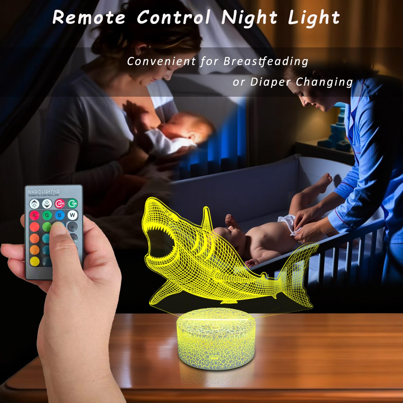 YODAFOOR Megalodon night light remote control changes colors from bed