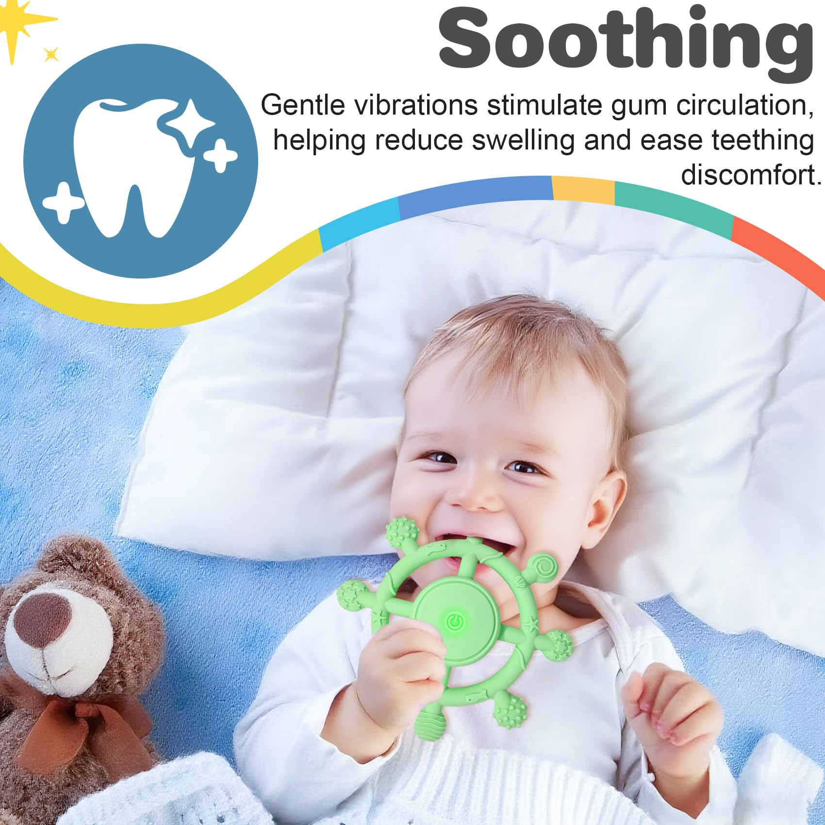YOFUN teether green USB charging illustration emphasizing rechargeable feature