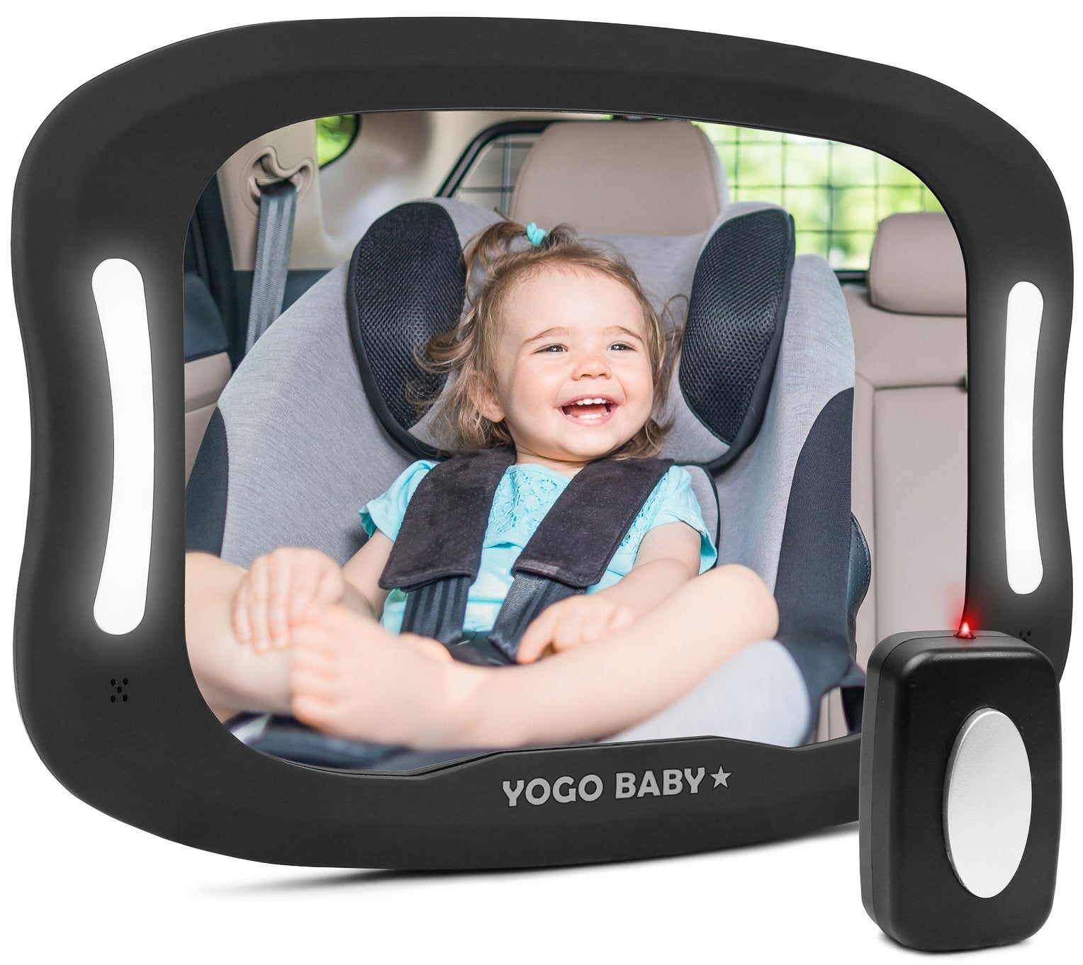 Yogo Baby car mirror with remote LED light gives a clear, safe view for nighttime driving.