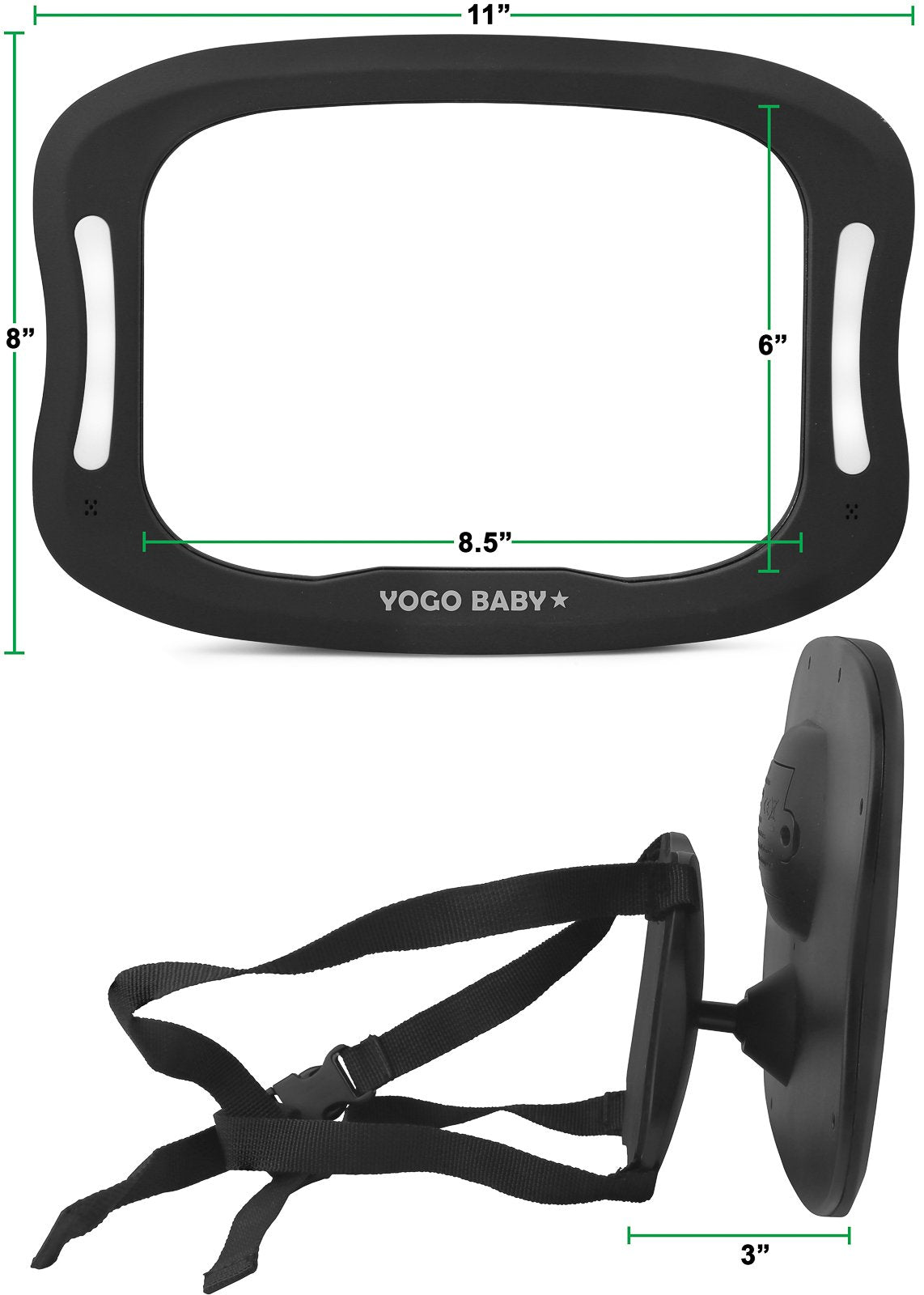 Yogo Baby easy-install rotatable LED mirror adjusts to your preferred angle.