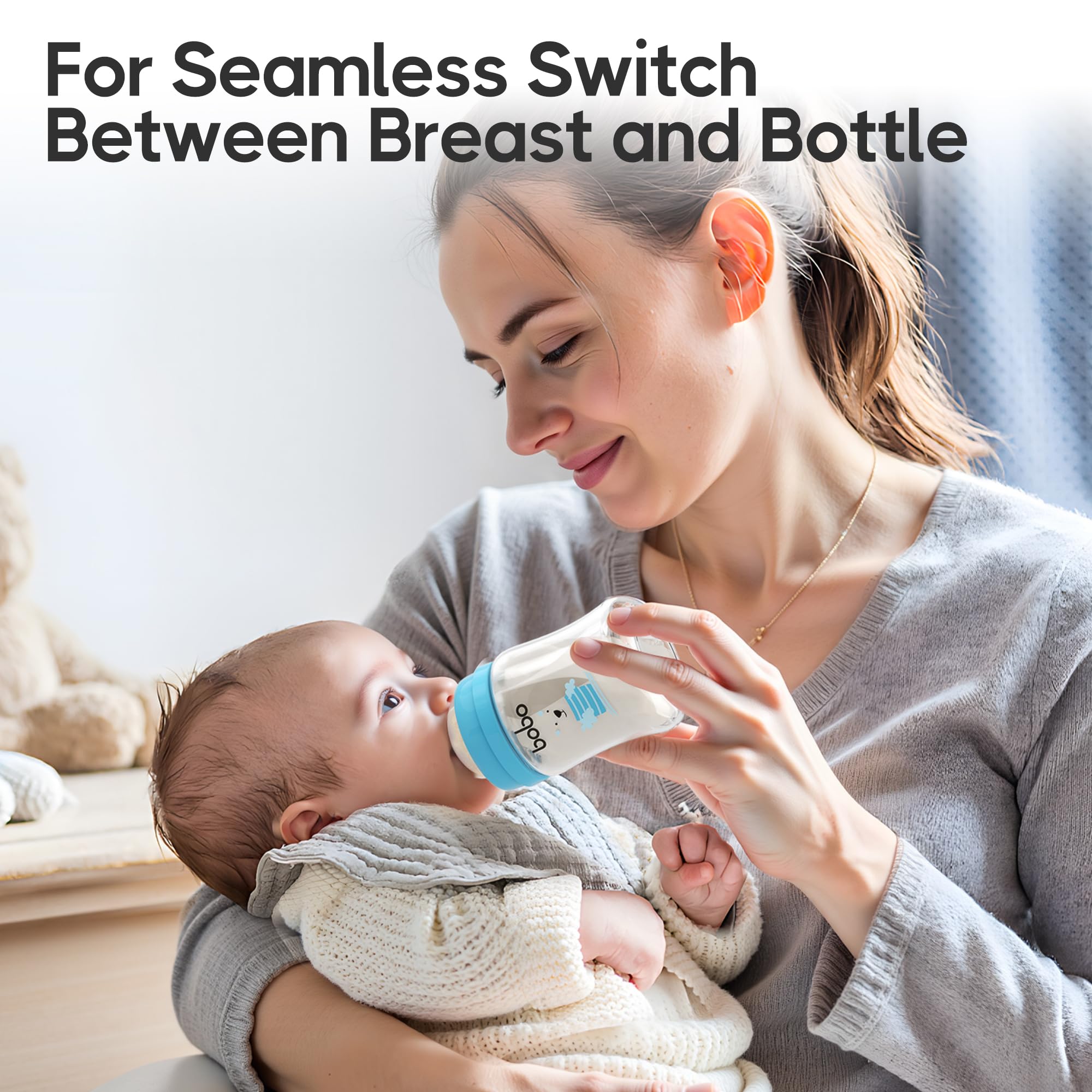 YOHKOH wide-neck glass baby bottle; easy filling and thorough cleaning.