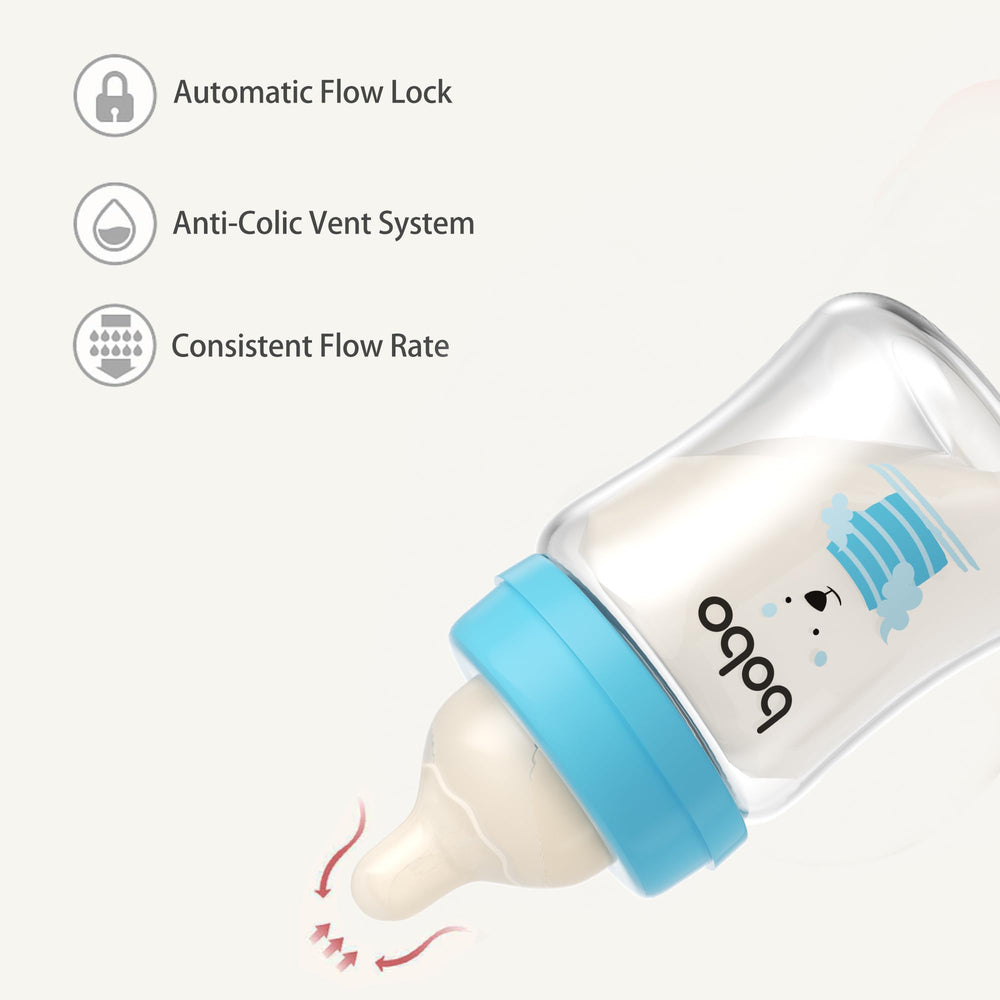 YOHKOH clear glass bottle; natural-feel flow for gentle feeding sessions.
