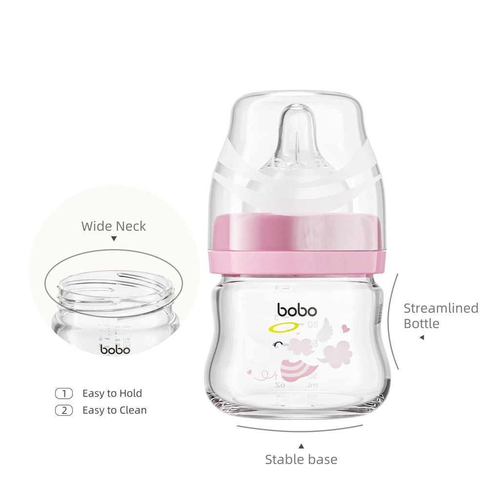 YOHKOH bottle closeup shows slow-flow nipple promoting natural feeding pace.