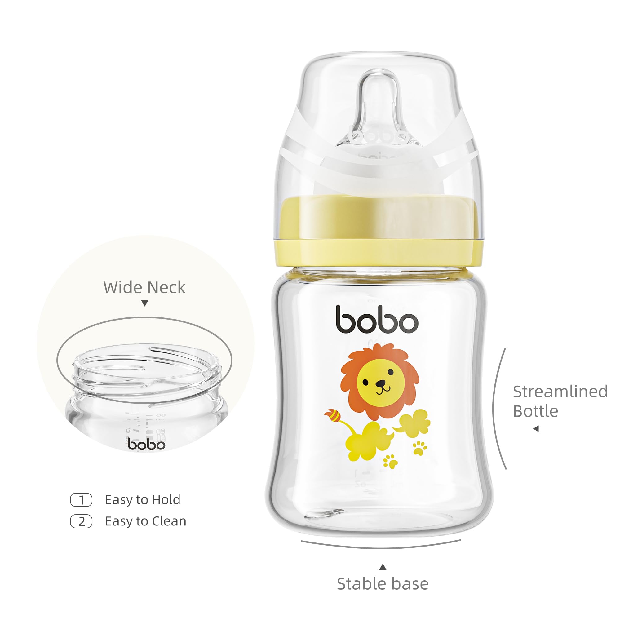 YOHKOH glass baby bottle 160ml infant size close-up for growing babies.