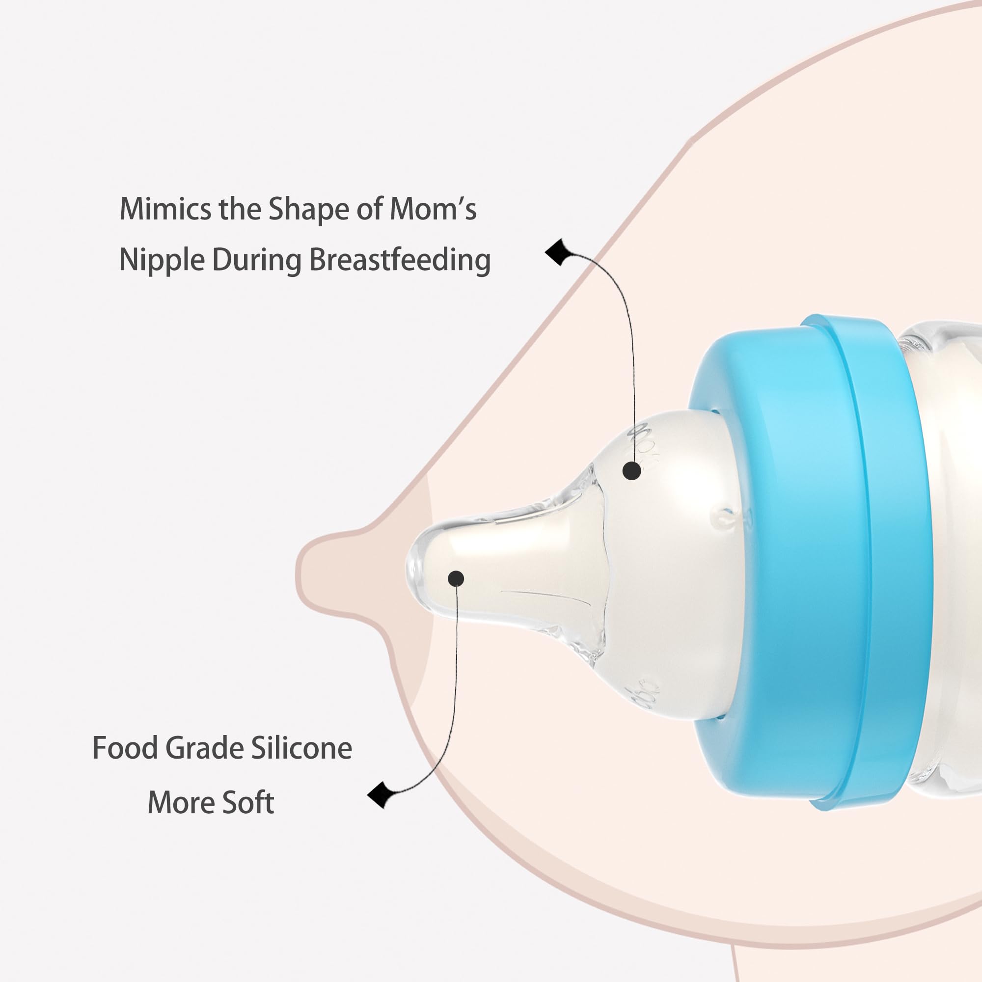 YOHKOH glass baby bottle; wide neck for easy cleaning and filling.