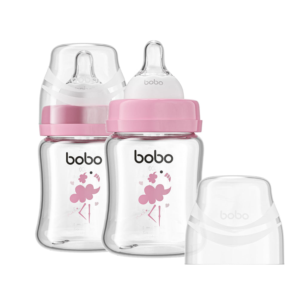 YOHKOH glass baby bottle front view shows clear, BPA-free glass for healthy, monitorable feeding.