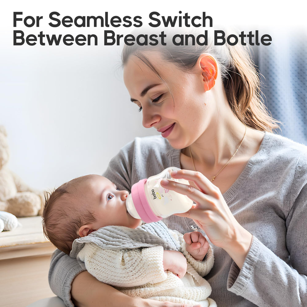YOHKOH glass baby bottle wide neck clear design for easy cleaning and filling.