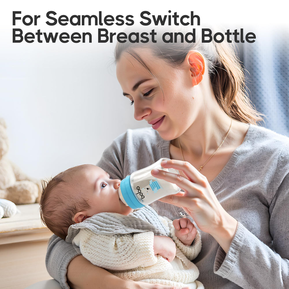 YOHKOH glass bottle close-up slow-flow nipple ensures natural feeding pace.