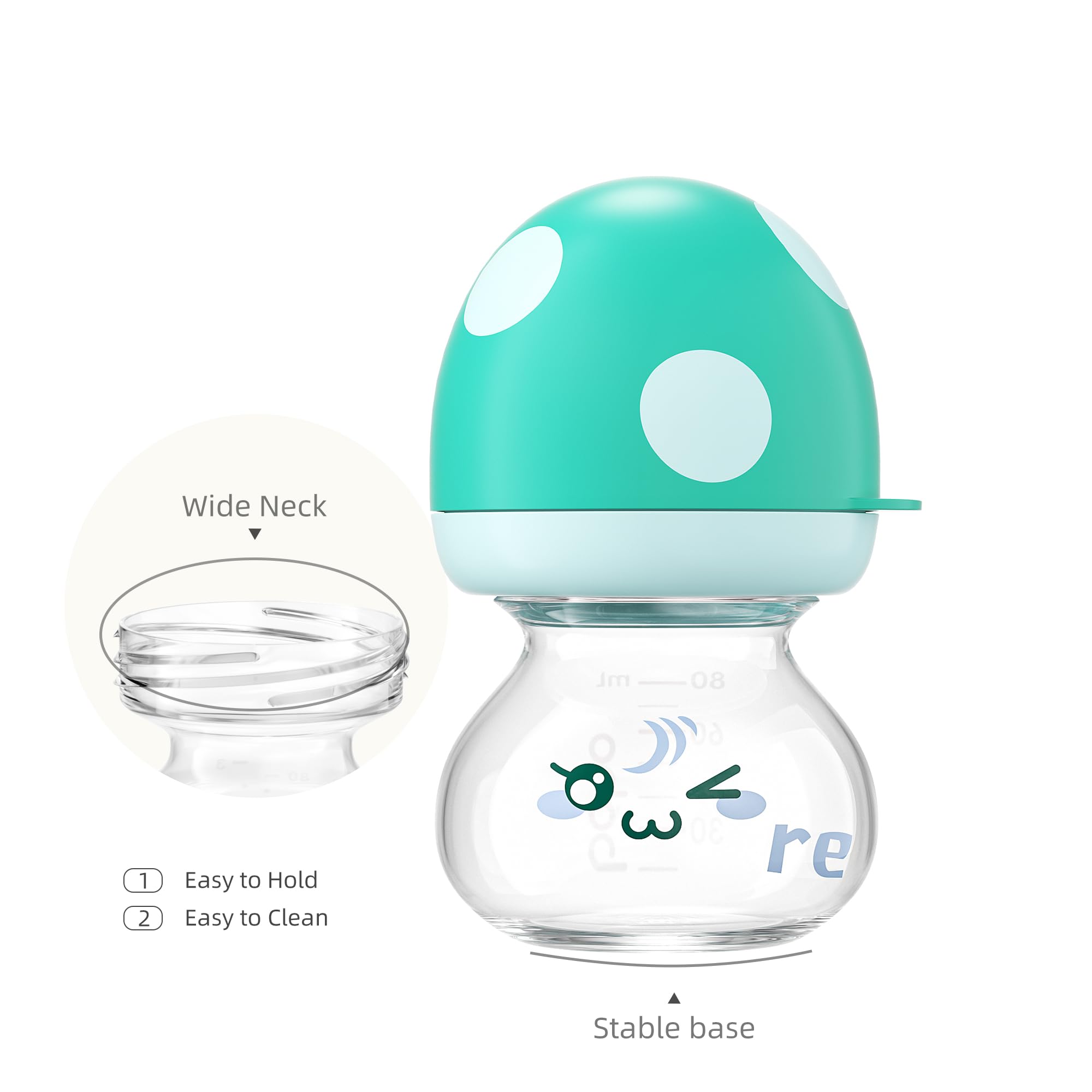 YOHKOH glass bottle close-up shows smooth surface for hygienic cleaning.