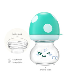 YOHKOH glass bottle close-up shows smooth surface for hygienic cleaning.