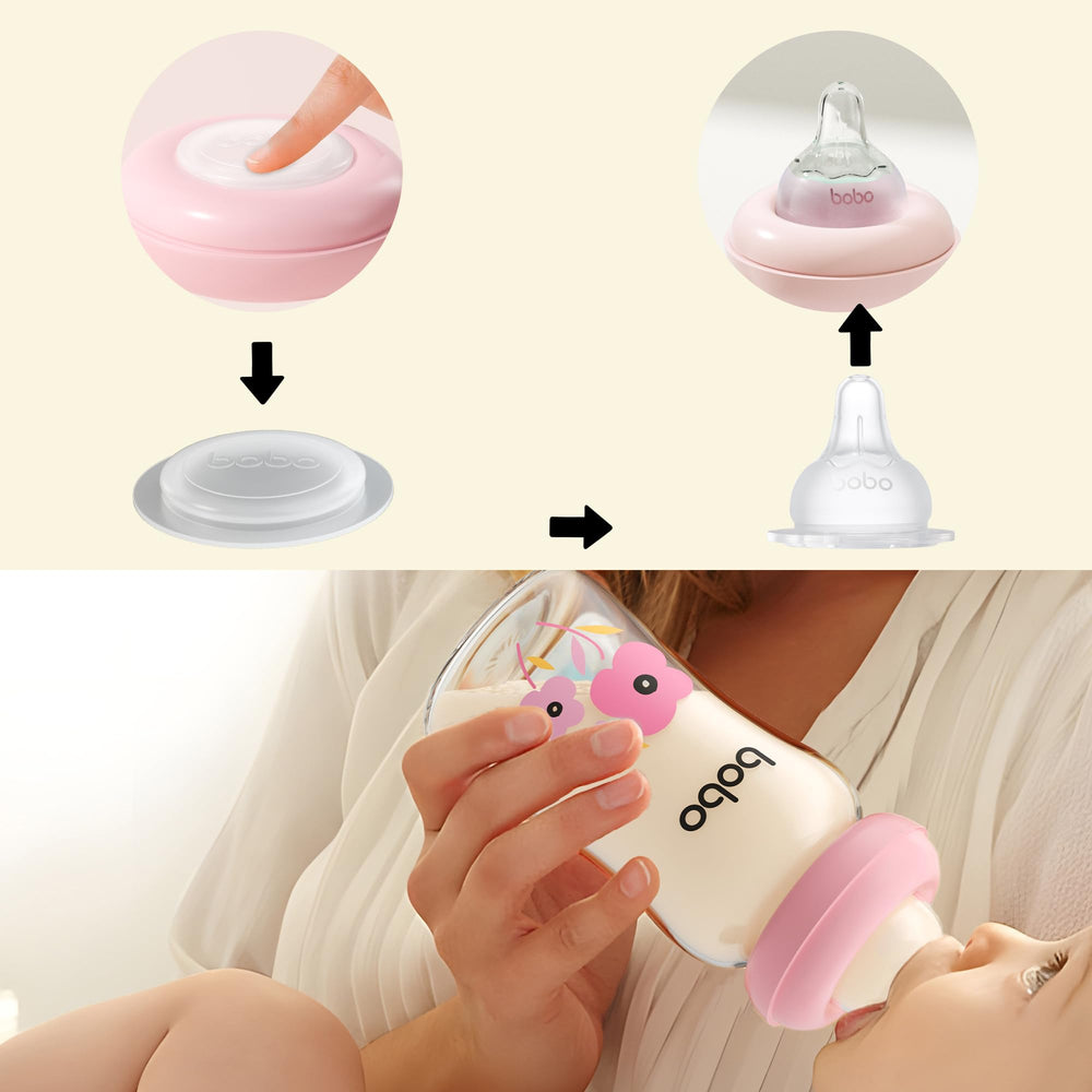 YOHKOH glass bottle dishwasher-safe image shows easy cleanup after feeds