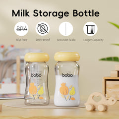 YOHKOH glass breast milk storage bottle wide-neck enables easy pumping compatibility and cleanup.