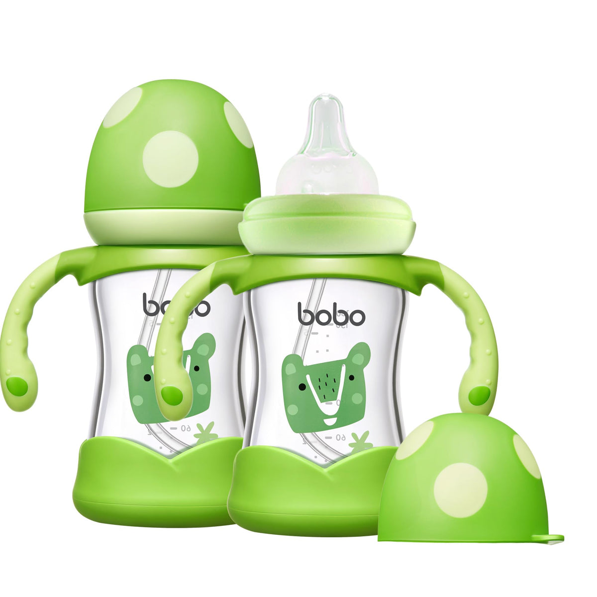 YOHKOH natural glass baby bottle closeup cap showcases durable borosilicate glass for safe feeding.