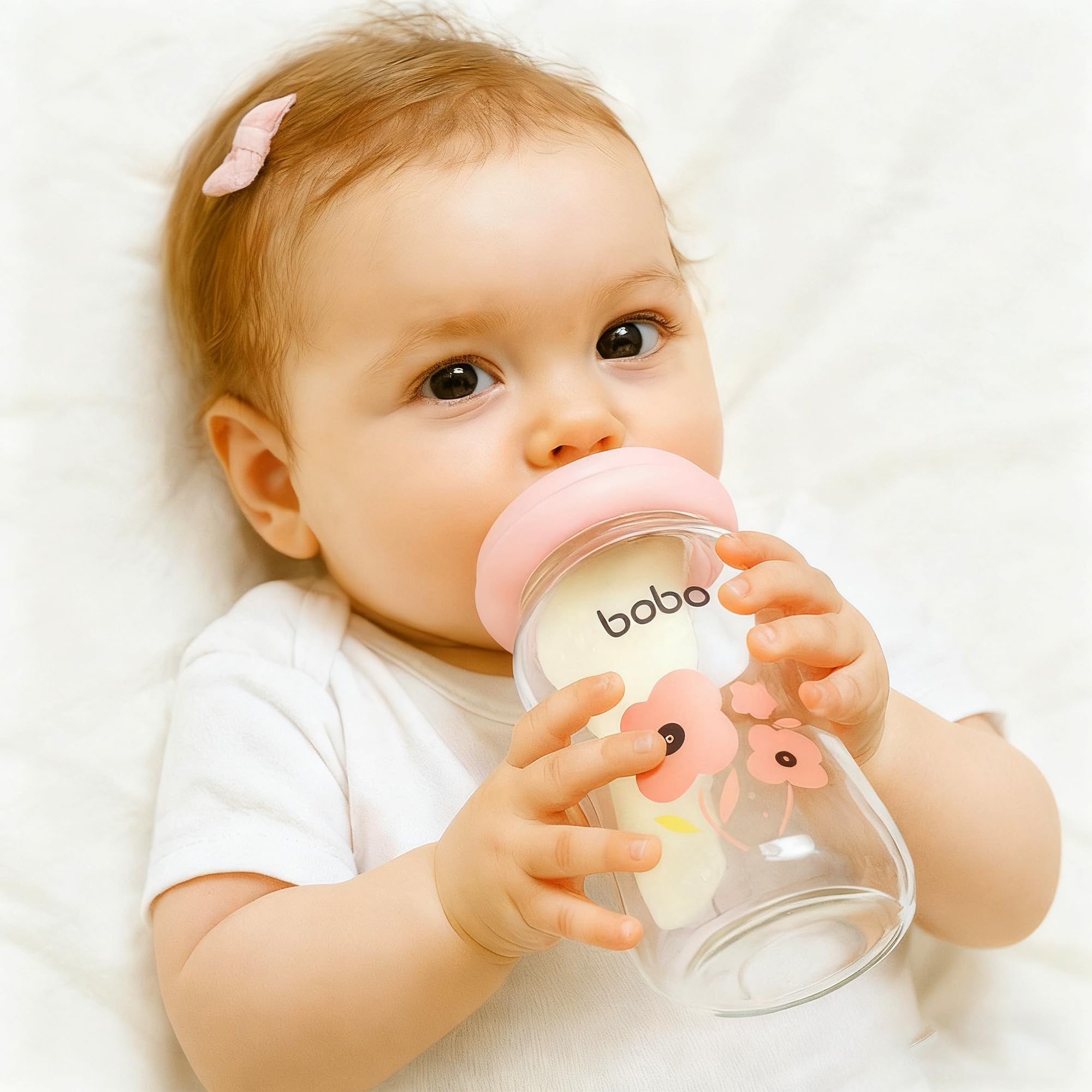 YOHKOH glass bottle with red accents looks stylish on the feeding table.