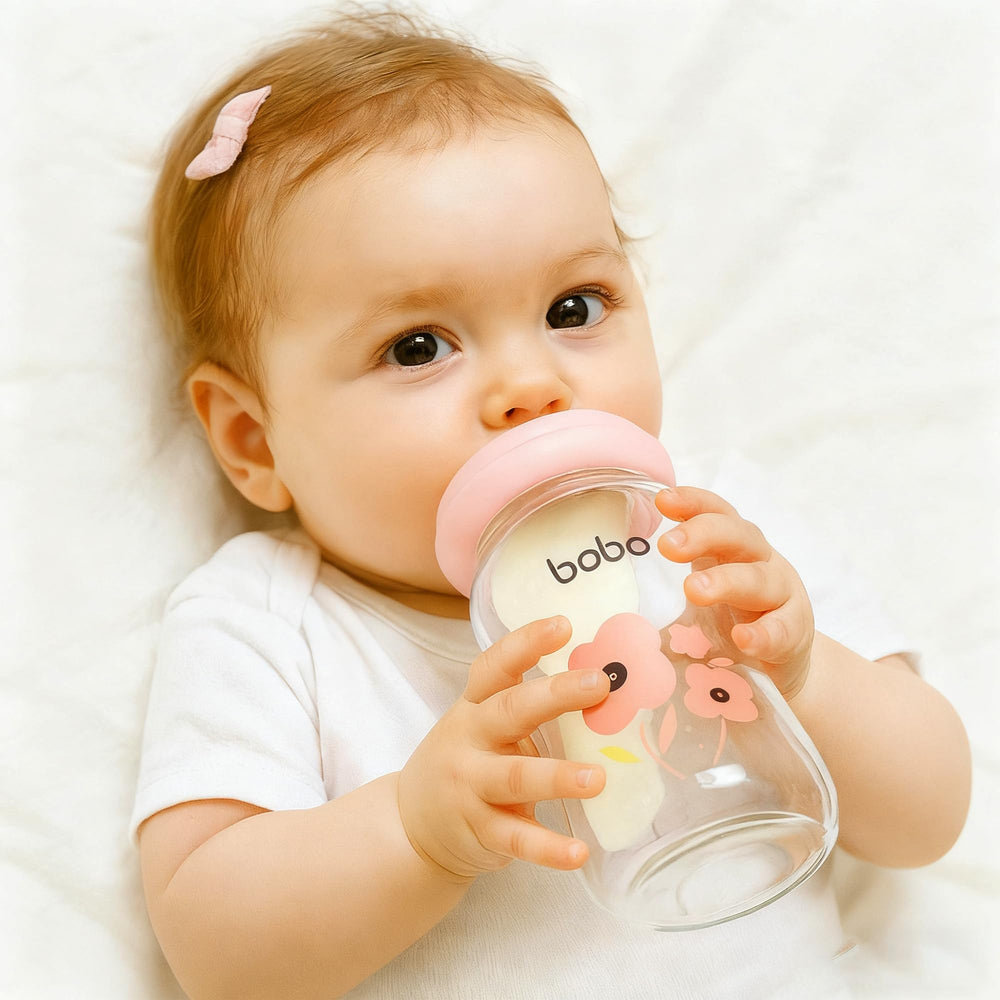 YOHKOH glass bottle with red accents looks stylish on the feeding table.